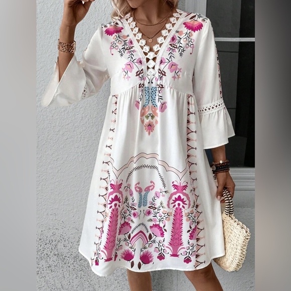 Boho Print Lace Hem Midi dress all sizes - Picture 4 of 4